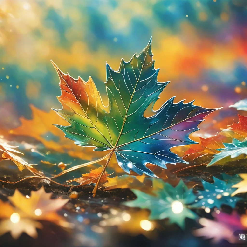 abstract geometric art. Close-up of giant crystal maple leaf, Strong light source. The intricate network of leaf veins acts like a prism, Projects mesmerizing rainbow colored light and colorful geometric shapes, flash. abstract geometric art. fantasy world background.