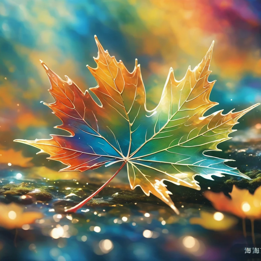 abstract geometric art. Close-up of giant crystal maple leaf, Strong light source. The intricate network of leaf veins acts like a prism, Projects mesmerizing rainbow colored light and colorful geometric shapes, flash. abstract geometric art. fantasy world background.