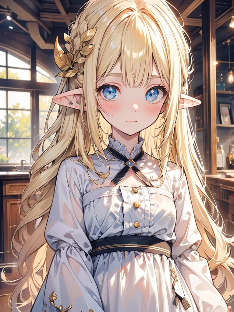 masterpiece, best quality, 1girl, ultra detailed, ultra highres, well-definded facial features, anatomically correct, cute girl, long pointy ears, elf, nice face,blonde hair, blue eyes, blush, ultra embarrassed,