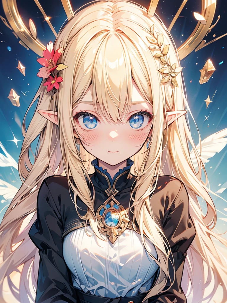 masterpiece, best quality, 1girl, ultra detailed, ultra highres, well-definded facial features, anatomically correct, cute girl, long pointy ears, elf, nice face,blonde hair, blue eyes, blush, ultra embarrassed,