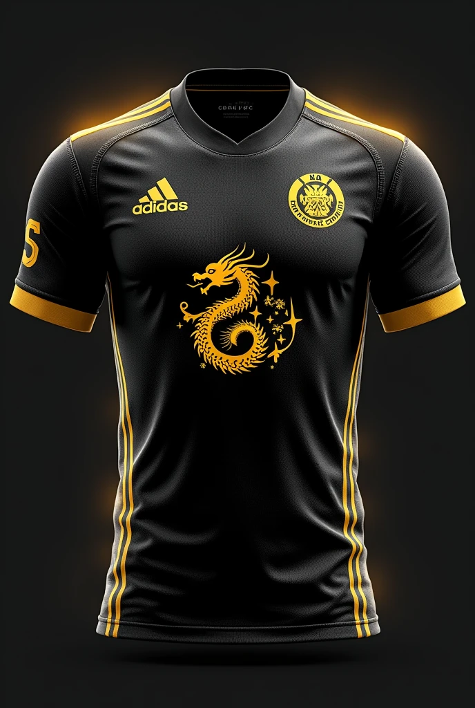 Create a black sports jersey with an elegant golden dragon claw design. The dragon's claws appear to be tearing through the fabric on the chest, revealing streaks of gold beneath. The player number is in bold gold in the center of the jersey, while the dragon's tail wraps around the bottom hem. A small, golden dragon emblem is located near the neckline, giving the jersey a powerful and mythical appearance.