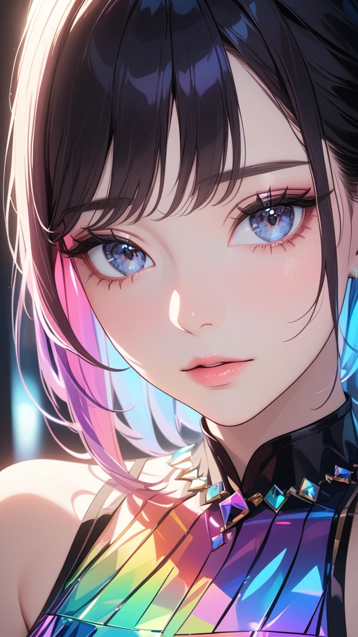 masterpiece, best quality:1.3, 1girl, pure, detailed face, black eyes, beautiful detailed lips, long eyelashes, delicate facial features, expressive face, detailed skin texture, natural lighting, vibrant colors, cinematic lighting, soft focus, prismatic, holographic,chromati caberration,