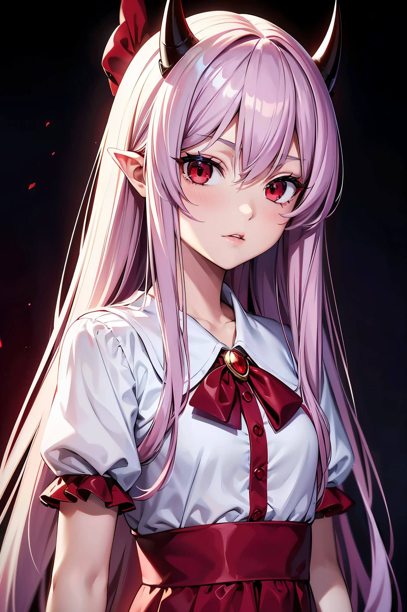 remilia scarlet, girl, red eyes, long hair, demon horns, short sleeve dress, young body, blood on body, high quality, 8k, best quality, 4k, ultra-detailed, realistic, photorealistic, vivid colors, sharp focus, professional, masterpiece, extremely detailed eyes and face, beautiful detailed eyes, beautiful detailed lips, long eyelashes, concept art Chica de anime con cabello largo y blanco, ojos rojos y sudadera negra 