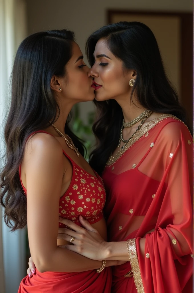 two extremely beautiful Indian girl, 14 years old, in transparent silk saree, floral print blouse, kissing, touching breast