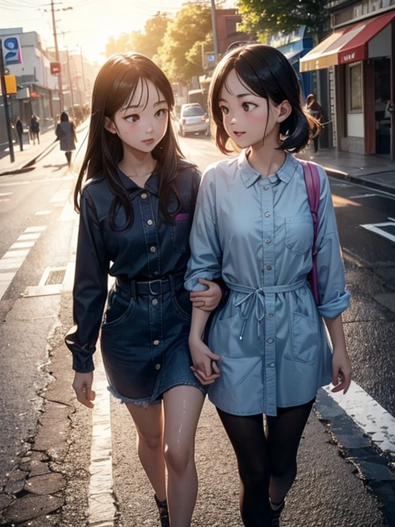 two girls, Casual clothing, sun after the rain, (Walking In Rhythm), Street Lady, sister love, Places and Spaces, Love Is Love, In the Mood, on the Street, (Dazzling Sunshine:1.3, beautiful Sunshine:1.3), (Lens Ghosting:1.4, lens flare:1.3, Octagon-shaped lens ghost), ((Natural backlighting:1.2)), Only one rainbow appears in the Blue sky, In places Wet road surface, Blue sky, masterpiece, ultra high resolution, high definition photograph, extremely detailed face, Highly detailed and beautiful face, best quality, 4K, perfect proportions, Accurate limbs