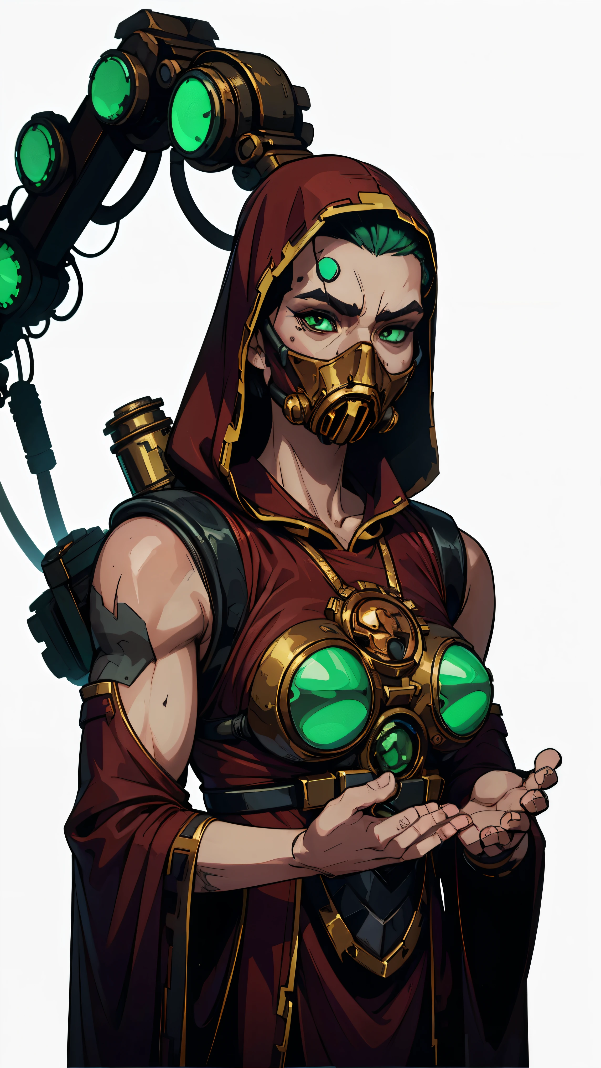 male techno-priest, large guy, washed up red flowing modest ornate hooded techno-priest robes (made from black circuit board:1.1), (face-covered:1.2) techno-mask, (multiple) arms, (mechanical tentacle arm:1.1) with claws,, mechanical (green:1.1) eyes, half skull half cog, rust, dirty red (robes:1.2) with oil stains, asymmetrical, mechanical (spider legs:1.1), (respirator:1.1), massive (backpak:1.2) with arms, gothic , (intricate details:1.12), hdr, (intricate details, hyperdetailed:1.1), by rutkowski, (intricate details), (hyperdetailed), 8k hdr, high detailed, lot of details, high quality, soft cinematic light, factory atmosphere, atmospheric perspective, shadows, maximum details, 4k, 8k, high quality, highly detailed, MechanicusStyleAI, ((((upper body portrait)), man, frontal view, plain white background, standing))