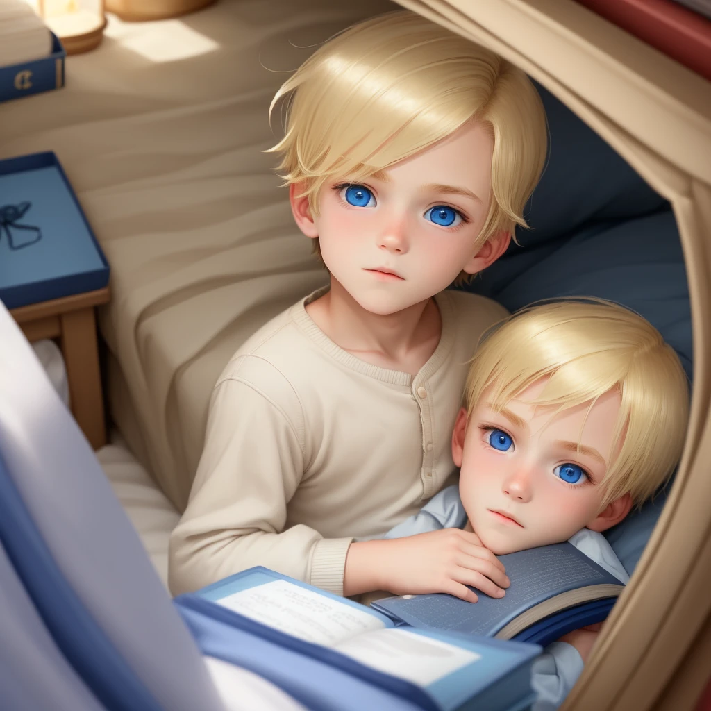 Male elf baby, newborn, messy brown hair with blue eyes, blue medieval baby clothes, light blue pants, blue t-shirt holding a stuffed animal, light blue baby booties in a crib, magical forest background in a wooden crib