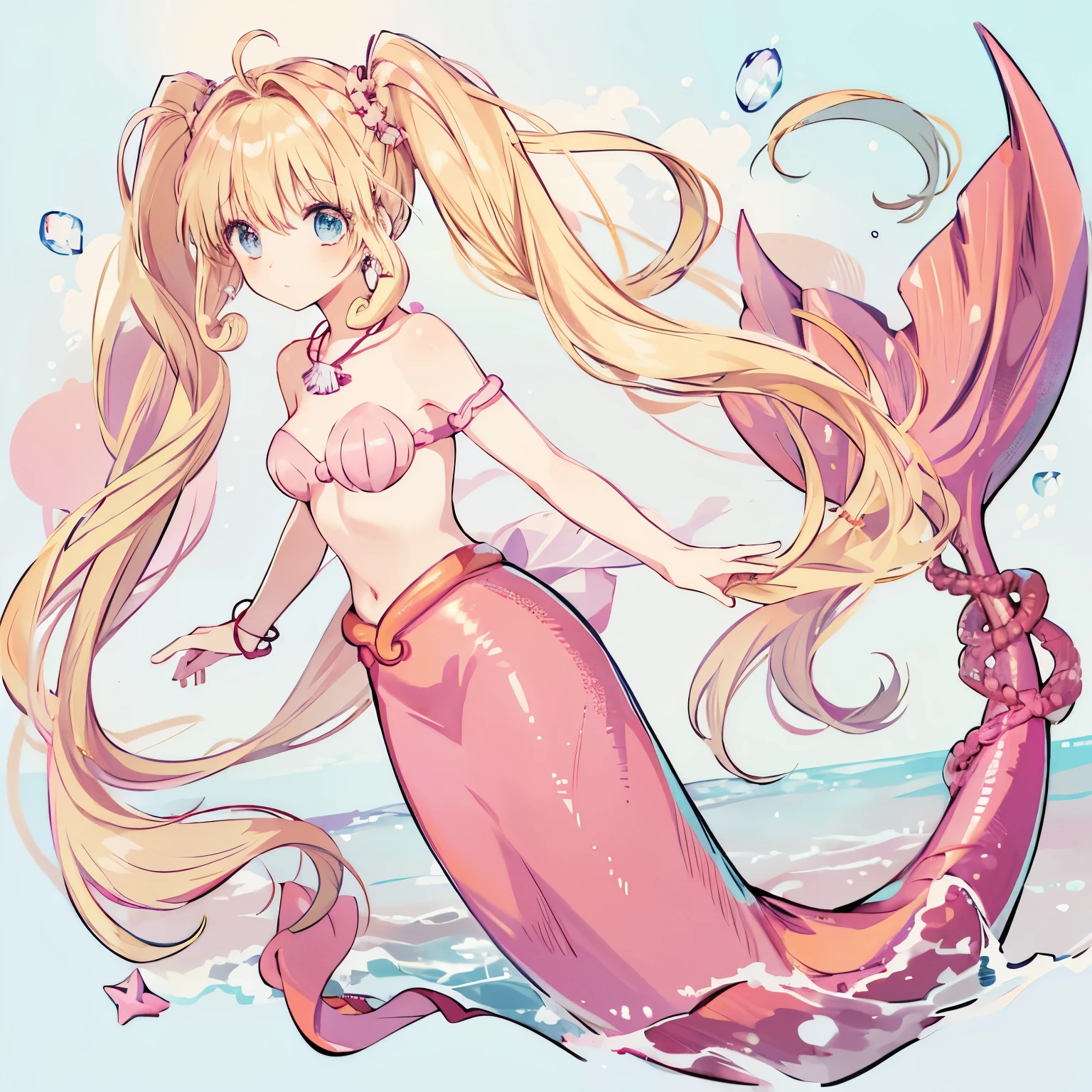 hmnl, twintails, blue eyes, long hair, ahoge, hair ornament, pink mermaid, shell bikini, bracelet, earrings, shell necklace