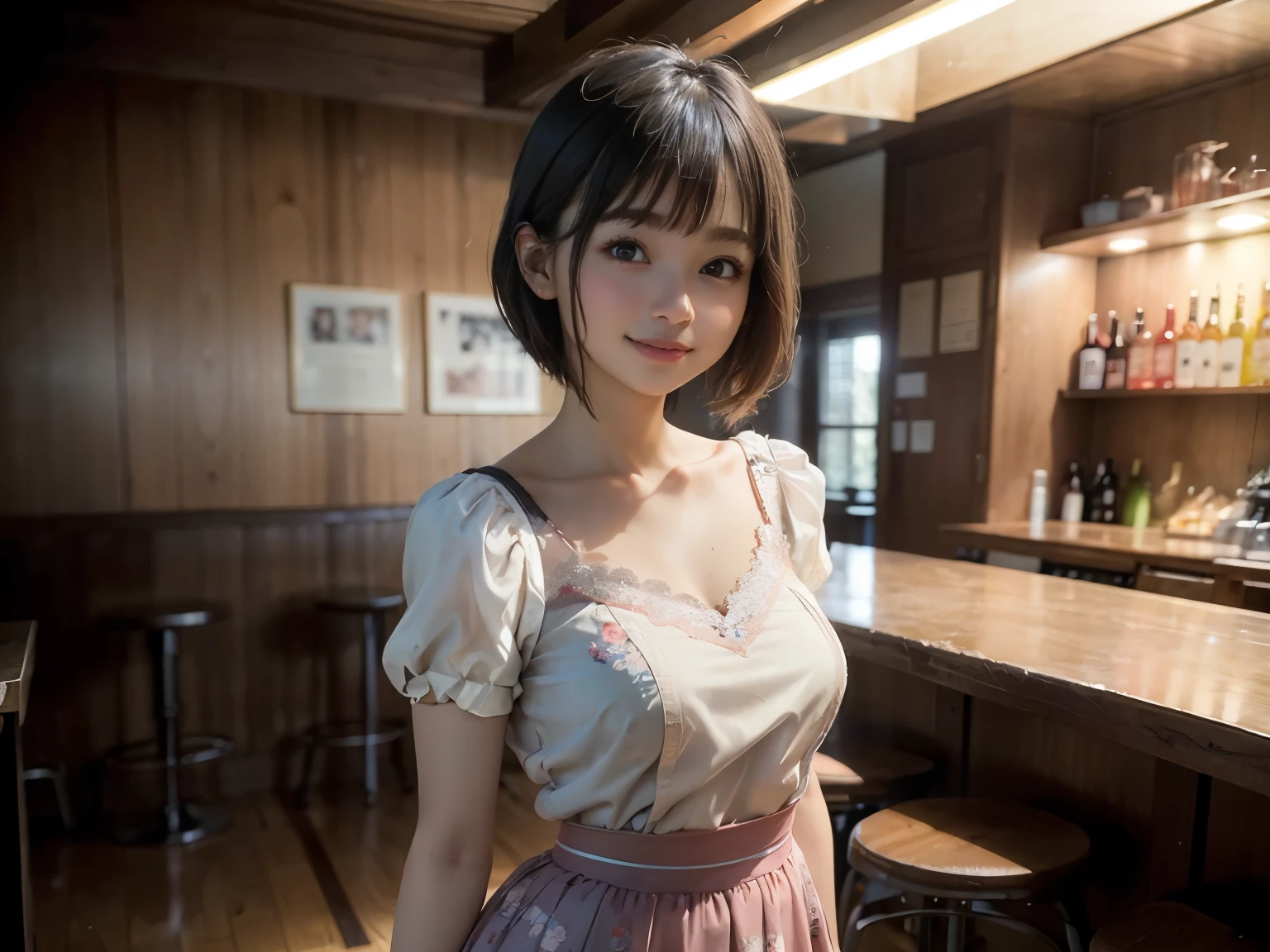 High resolution, RAW Photos, Realistic, Very delicate and beautiful, Very detailed, In detail, Highly detailed CG Unity 8k wallpaper, Super detailed, (highest quality, 32k, Ultra-high resolution:1.2), A photo of a beautiful Japanese woman wearing a floral camisole from the 1970s, short hair, Earrings, Silver Necklace, Old Coffee Shop, 8k, masterpiece