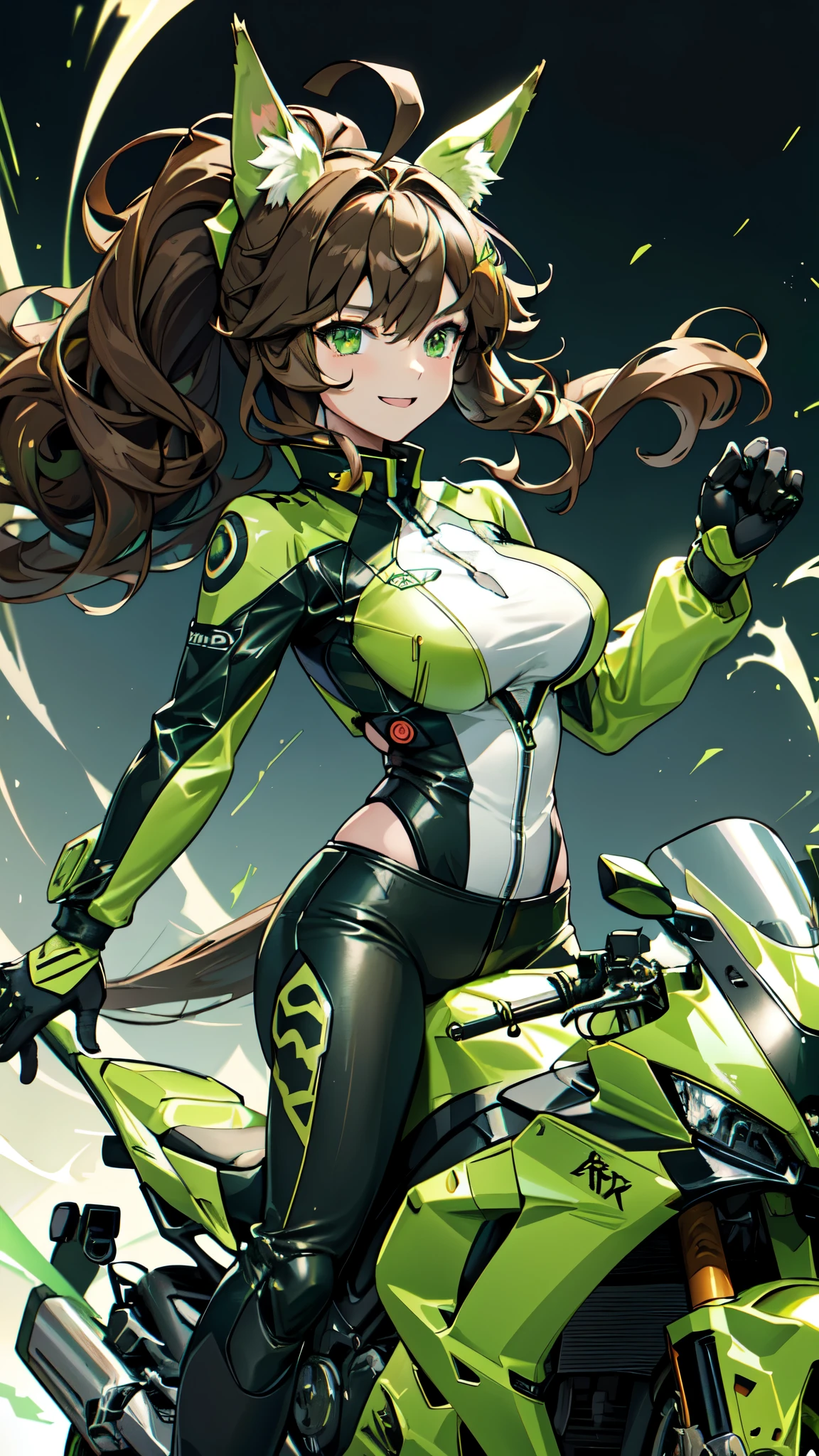 1 person,woman,Wolf Cut,Hind hair,Long ponytail,((Brown Hair)),((Brown ahoge)),((brown curly hair)),((Green flame)), ((Green flameの渦)),wallpaper, Wind景,Depth of written boundary, night, Particles of light, light, Side light, Thighs,****, cloud,Gaze, ((Large Breasts)),((Green Eyes)),((Horse ears,)),((Bright smile)),((Open your mouth)),Wind,((Ride a big green motorcycle)),((CBR1000RR-R)),((vehicle)),((Driving)),((Straddle)),((Green rider jacket)),((Black rider pants)),((真night中の高速道路)),((Sprint))