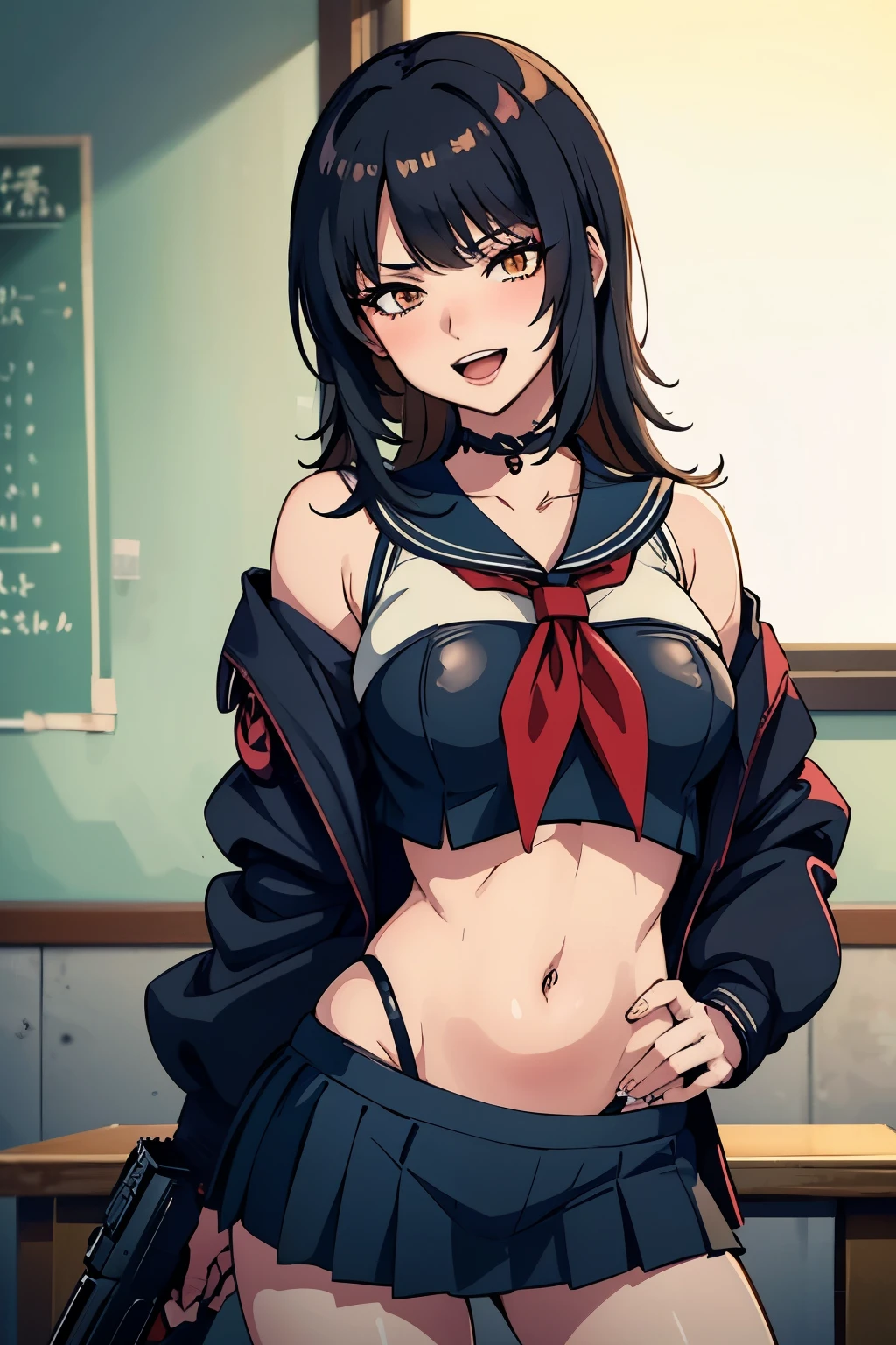 Ikaruga Luca, makeup, lipstick, red lipstick,large breast ,long hair, mature female, makeup, eyelashes, blush, lipstick, masterpiece, best quality, highly detailed, a anime girls in sailor uniforms with a gun posing for a picture,
evil smile, smile, open mouth,black_serafuku, ecchi anime style, anime girls , (nsfw) not safe for work,
ecchi style, ecchi, shipgirls, digital anime art!!, high school girls, holding a gun, hold a gun, anime style 4
k, micro skirt, exposed belly, exposed navel, exposed midriff, holding pistol,underboob,
exposed lower belly,school, classroom, navel piercing