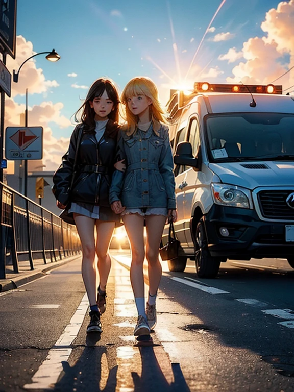 two girls, Casual clothing, sun after the rain, (Walking In Rhythm), Street Lady, sister love, Places and Spaces, Love Is Love, In the Mood, on the Street, (Dazzling Sunshine:1.3, beautiful Sunshine:1.3), (Lens Ghosting:1.4, lens flare:1.3, Octagon-shaped lens ghost), ((Natural backlighting:1.2)), Only one rainbow appears in the Blue sky, In places Wet road surface, Blue sky, masterpiece, ultra high resolution, high definition photograph, extremely detailed face, Highly detailed and beautiful face, best quality, 4K, perfect proportions, Accurate limbs, mai