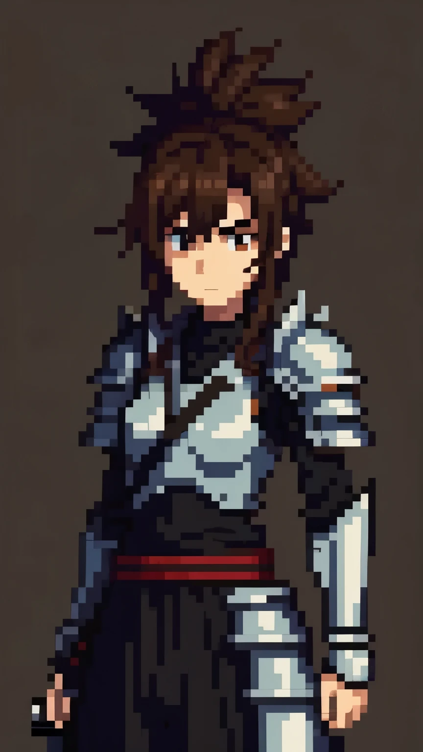 Draw a warrior in a simple anime style, with light armor, a katana in hand, spiky dark brown hair, and a determined expression. Keep the background minimal.