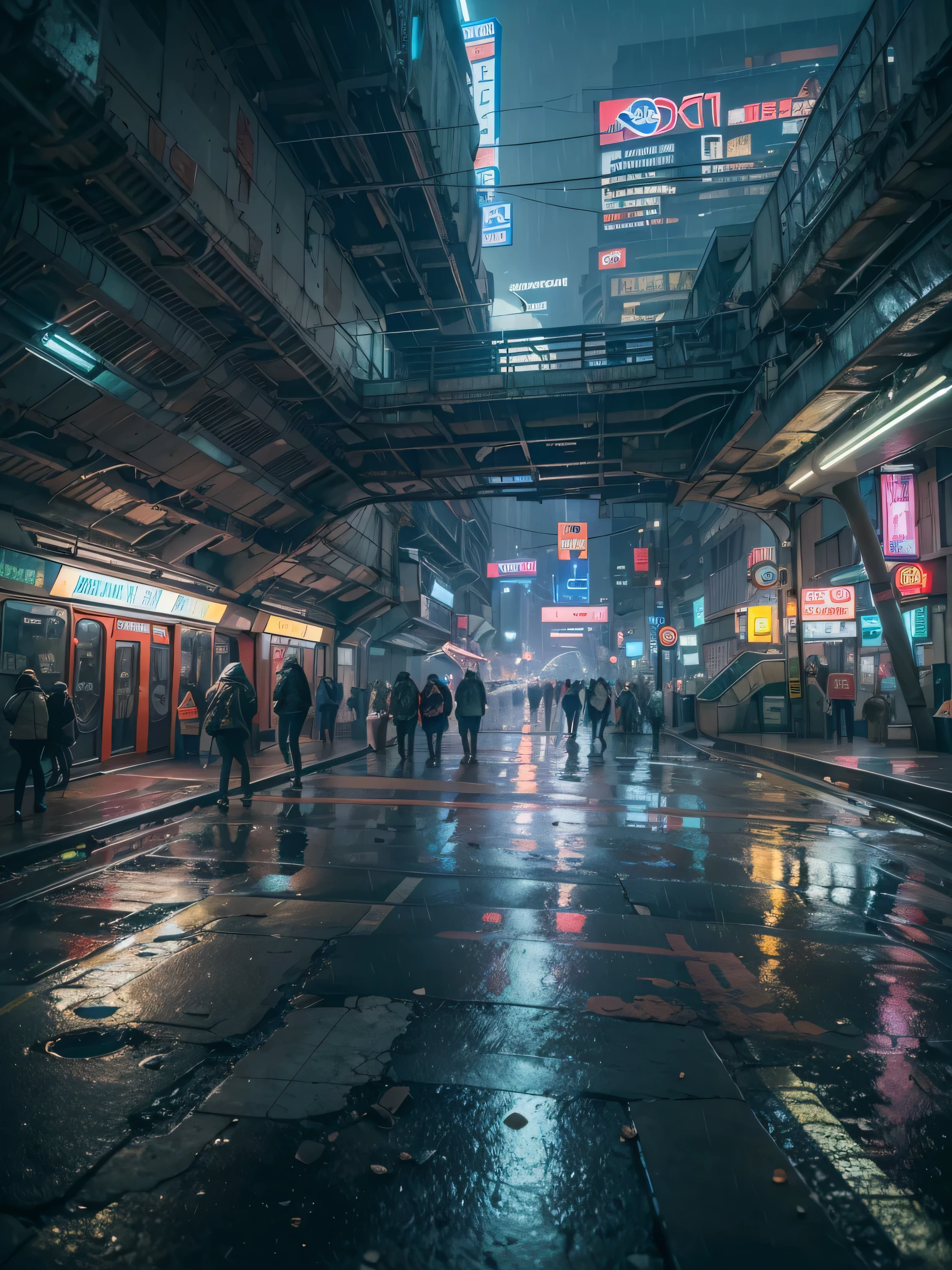 (((Masterpiece))), Best Quality,realistic perspective, High-resolution photograph,realistic details,sharp focus,Describe a dystopian cyberpunk scene set in the year 2527. Focus on the entrance of a metro station on a rainy night. The scene should include a tunnel leading into the metro, with shiny LED neon lights illuminating the area. The station is crowded with people, emphasizing the bustling atmosphere of the city. The setting should convey a sense of futuristic decay, with advanced technology juxtaposed against urban grime. Depth of field, (extremely intricate:1.3),4k, 8k