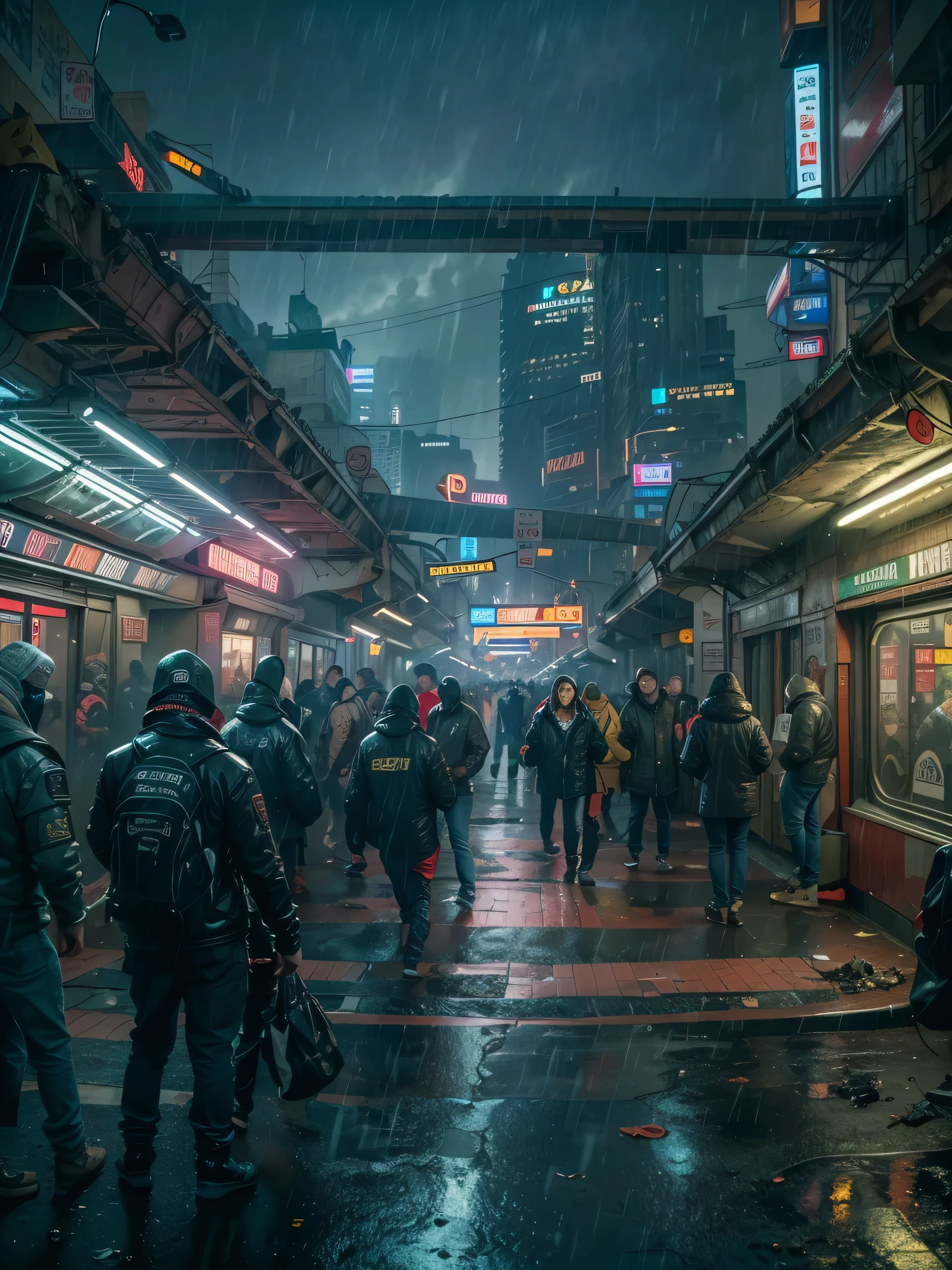 (((Masterpiece))), Best Quality,realistic perspective, High-resolution photograph,realistic details,sharp focus,Describe a dystopian cyberpunk scene set in the year 2527. Focus on the entrance of a metro station on a rainy night. The scene should include a tunnel leading into the metro, with shiny LED neon lights illuminating the area. The station is crowded with people, emphasizing the bustling atmosphere of the city. The setting should convey a sense of futuristic decay, with advanced technology juxtaposed against urban grime. Depth of field, (extremely intricate:1.3),4k, 8k