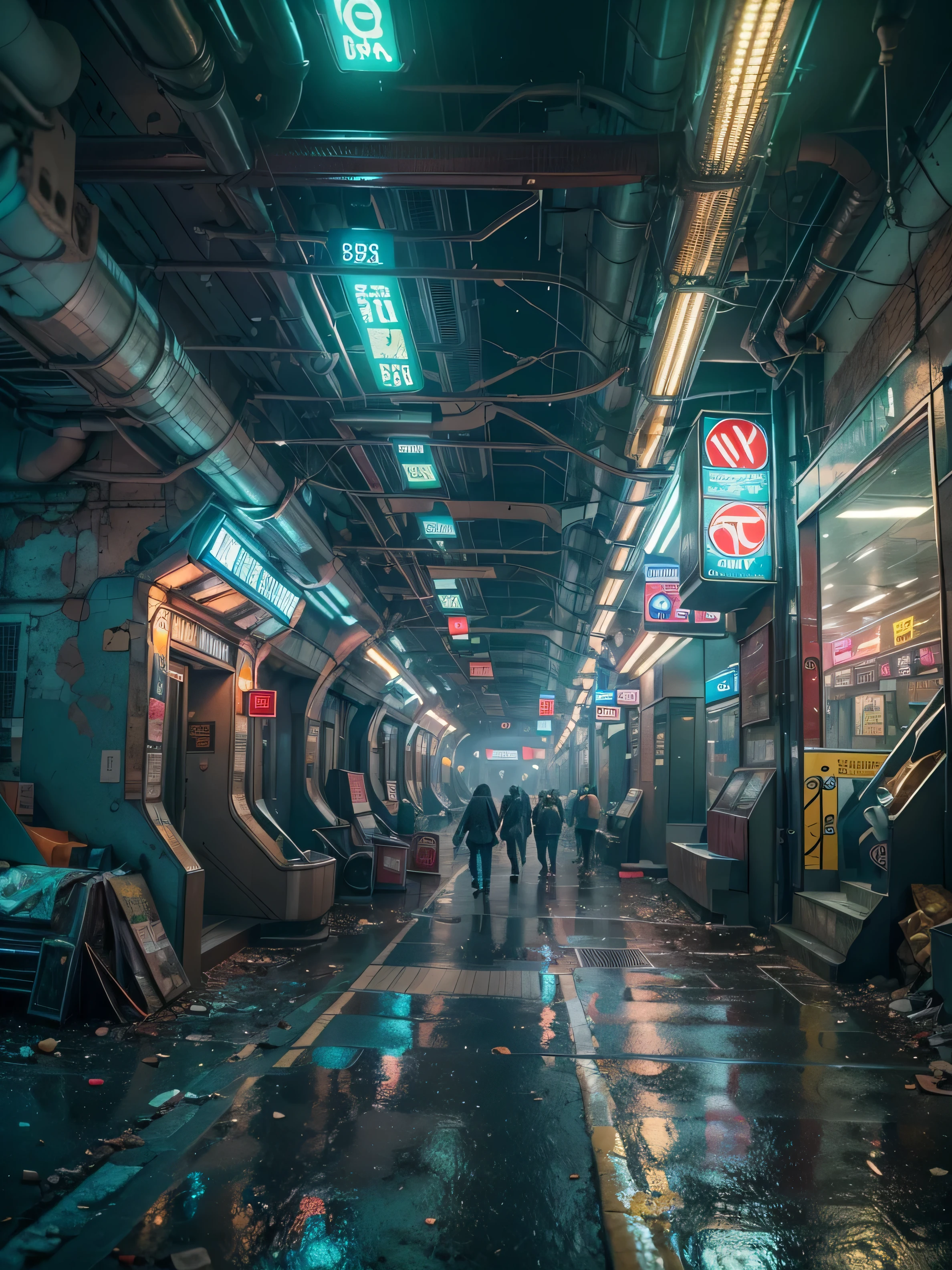 (((Masterpiece))), Best Quality,realistic perspective, High-resolution photograph,realistic details,sharp focus,Describe a dystopian cyberpunk scene set in the year 2527. Focus on the entrance of a metro station on a rainy night. The scene should include a tunnel leading into the metro, with shiny LED neon lights illuminating the area. The station is crowded with people, emphasizing the bustling atmosphere of the city. The setting should convey a sense of futuristic decay, with advanced technology juxtaposed against urban grime. Depth of field, (extremely intricate:1.3),4k, 8k