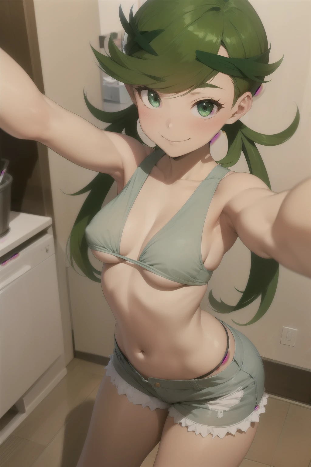 Anime style, 1 girl mallow  ,solo , green hair twintails ,  smug face smile , blush,  small breasts,  mini shirt underboobs ,niplles , top underboobs  , sexy short shorts , verilha . Selfie 