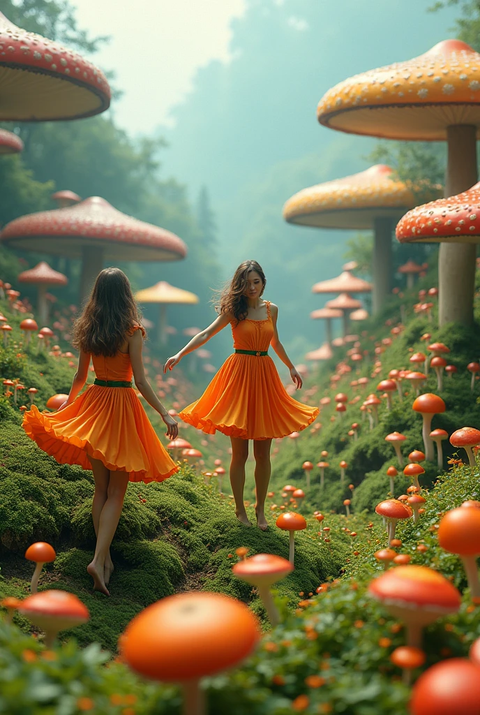 I'm taking photos for a new concept album. Create a girl group concept photo with giant mushrooms that glow at night
