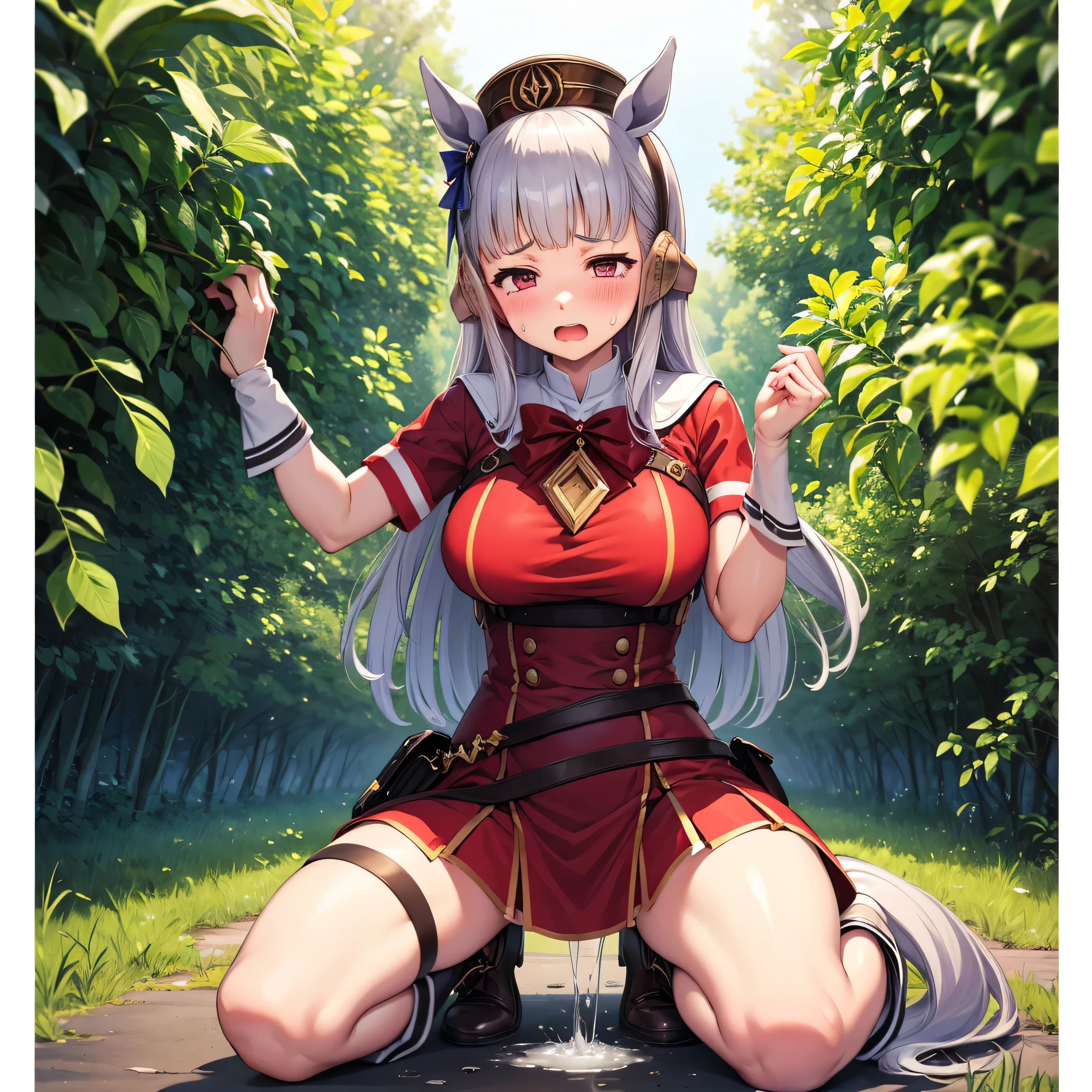 Dark color depiction、、ergarteners、、、chilldの小さなsterpiece, Highest quality:1.2), alone, One girl, umpd gold ship, pillbox hat, Red dress,No sleeve, White Pantyhose, boots, Horse tail, blush、in the forest、Pussy、Thick white love juice、Drip a large amount of love juice、Background Nature、Intense masturbation、Intense masturbation、blush、shout、Sweat、Pleasure、Stand up with your legs open、Spread your legs、orgasm、Pee、incontinence、Pussyに指を入れる、Touching the groin、Clothes are see-through、Pussyをいじる、Pussyを穿る、Climax、To convulsions、Feels good、heart、Nipples are visible through the、From below