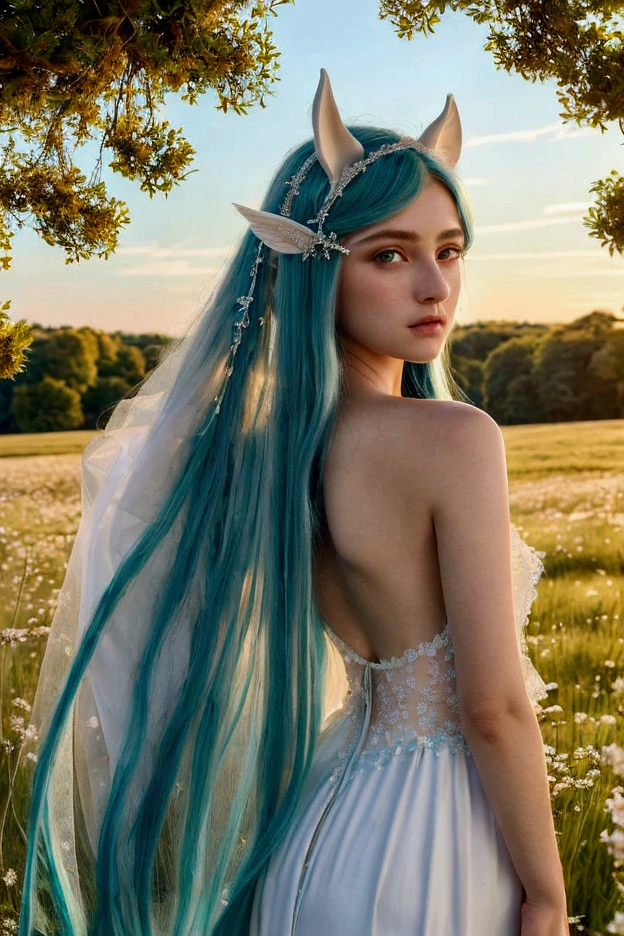 ((masterpiece, Best Quality)),(illustration),(detailedlight),((extremely delicate and beautiful)),1 girl,GodolphinArabian,long hair,blue hair,green eyes,horse ears,horse,hair_ornament,White dress, bare shoulders, ,sleeveless,night dress,long dress,outdoor, light,blue sky, horizon, Meadow, Wild