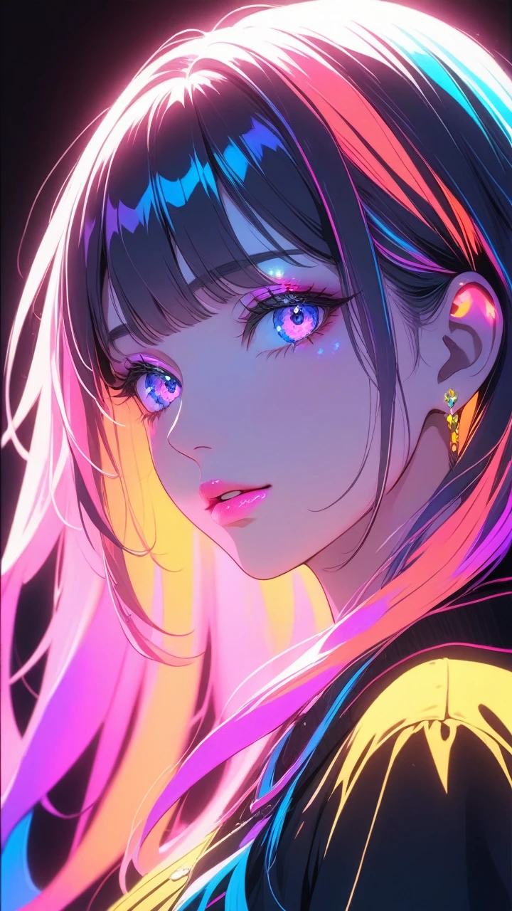 1girl, backlighting, blacklight, beautiful detailed eyes, beautiful detailed lips, beautiful detailed face, long eyelashes, glowing skin, ethereal, mystical, surreal, dramatic lighting, neon, ultraviolet, psychedelic, vibrant colors, high resolution, cinematic, atmospheric, harajuku fashion, AKIHABARA, wide angle 