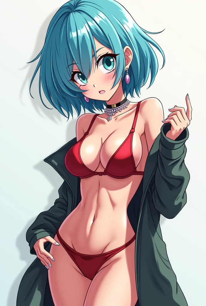 bulma, short hair, aquamarine hair, bob cut, hits, blue eyes, 1 girl, Alone, bare shoulders, Strapless, belt, medium chest, Red shirt, red mini skirt, wristwatch, Sitting on a sofa, seductive smile, Whole body, bare legs with red heels, crossed legs