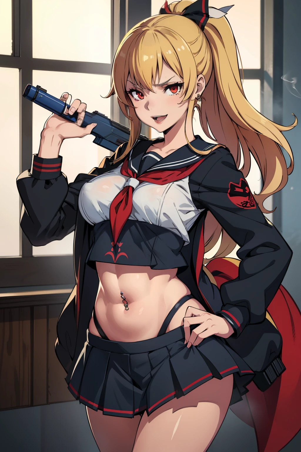 EriDef,blonde hair, ,gloves,long hair,  blush, lipstick, mouth open and tongue out, open, masterpiece, best quality, highly detailed, a anime girls in sailor uniforms with a gun posing for a picture,
evil smile, smile, open mouth,black_serafuku, ecchi anime style, anime girls , (nsfw) not safe for work,
ecchi style, ecchi, shipgirls, digital anime art!!, high school girls, holding a gun, hold a gun, anime style 4
k, micro skirt, exposed belly, exposed navel, exposed midriff,
exposed lower belly,school, classroom