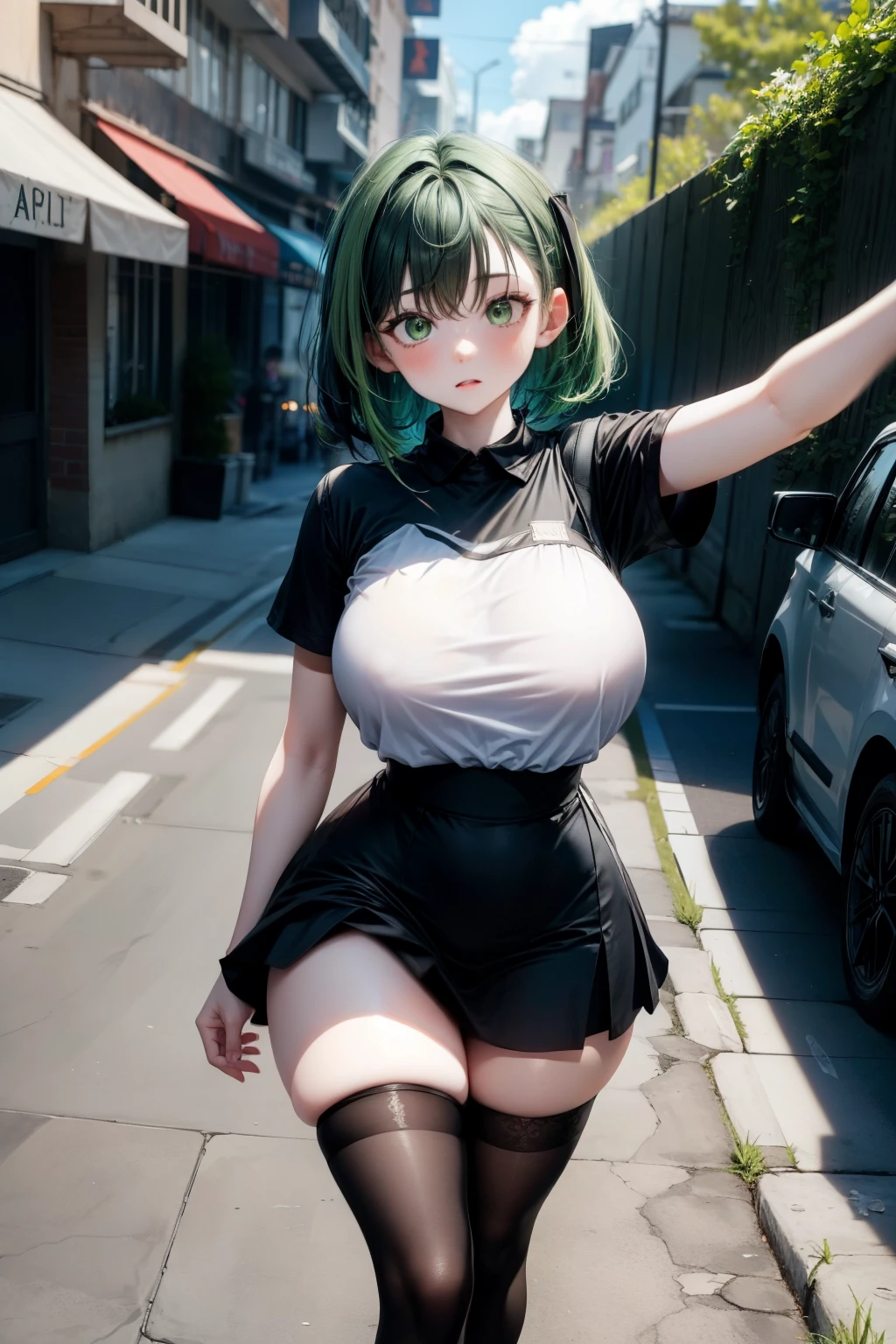 selfie, hair behind ear, makeup, light green hair, green hair, black hair, green and black gradient hair, short hair, straight hair, bangs, green eyes, (small breasts:0.7), (black skirt:1.2, dress, skirt, black thigh highs, black tshirt, thick thighs, wide hips, thigh gap, thin waist, street, shops, cars, outdoors, walking, running, motion blur,