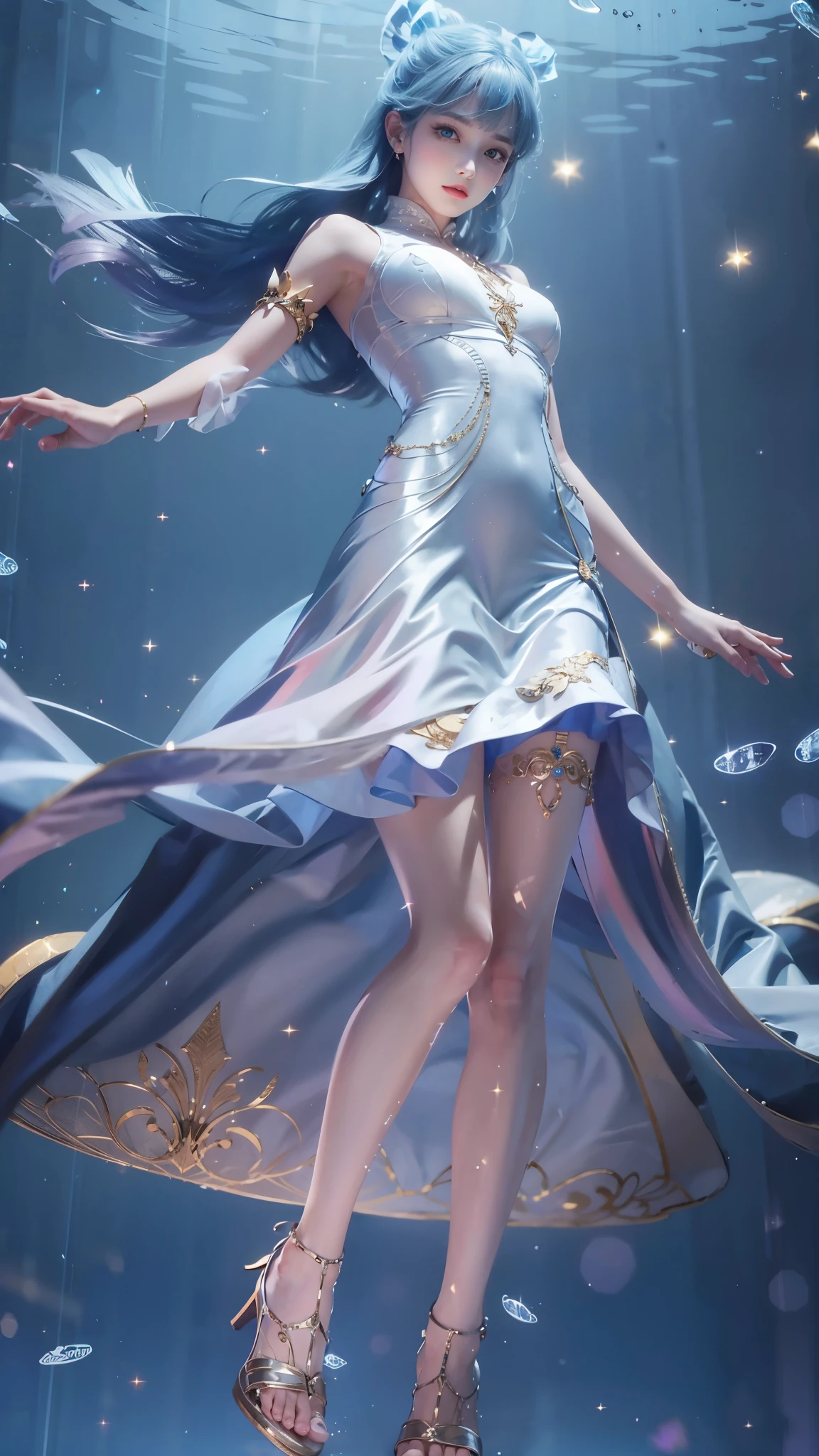 best quality,masterpiece,Ultra-high resolution,(realism:1.4),original photo,Cold Light,Woman wearing transparent dress underwater,Full body image,Wallpaper Anime Blue Water,Gurwitz-style artwork,A close-up fantasy of water magic,author:Yang Jie,Gurwitz,A beautiful artistic illustration,Water Nymphs,Beautiful digital artwork,Beautiful digital illustrations,Li Song,Beautiful anime portrait,A bull'Art style