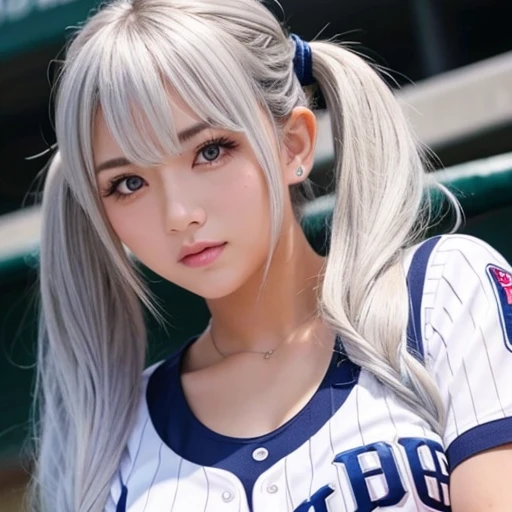 nsfw (RAW Photos, Highest quality, masterpiece: 1.2), (Realistic: 1.4), Best lighting, 20-year-old,Beauty (Light grey hair, Shortcuts, Hair above the ears, Symmetrical eyes, Fair skin, alone, Detailed skin, Detailed Background:1.2), Front view, smile, Angle from field to spectator seating, Sitting in the stands at a baseball stadium watching the game, Holding the iPhone 15 Pro in one hand, Many spectators, Wearing a Los Angeles Dodgers baseball cap and Los Angeles Dodgers uniform, Large Breasts,Big Breasts, accessories, Tie your hair back, Daytime, Exposure to sunlight