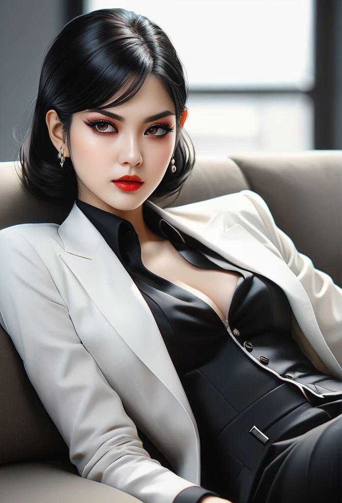 (ultra realistic photo, natural light, realistic, very detailed, photography, masterpiece, high quality), (masterpiece:1.3), (absurd:1.3), (best quality:1.3), (8k), (large masterpiece digital art), (detailed manga illustration), (very short black hair), complete anatomy, (sharp eyeliner, eye shadow, detailed eyes:1.1), (intricate details:1.3), (very detailed:1.3), (Realistic illustrations:1.3), (sharp focus:1.3), (natural light:1.05), (vivid colors:1.3), break, First daughter, line art, vampire, mafia, gangster, sit on the sofa, glare,