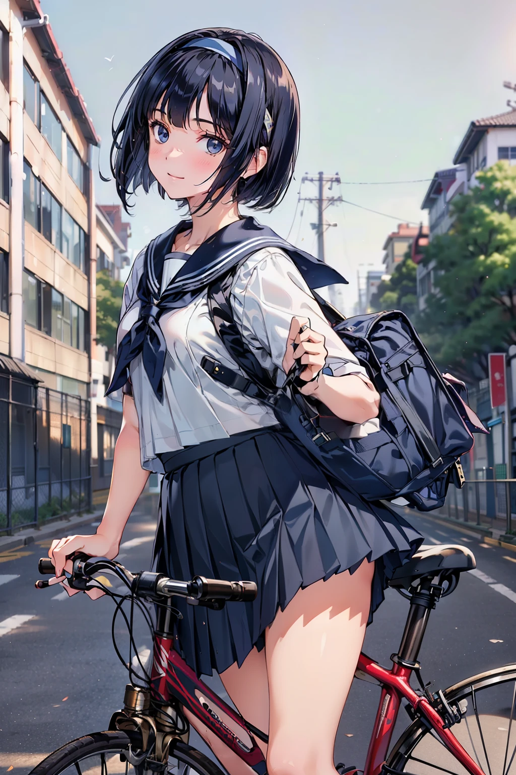 One Woman, (Beautiful woman, delicate:1.3), Black Hair, (bob cur:1.4), bangs, 8k, Highest quality, masterpiece, Very detailed, Ultra-high resolution, Realistic, RAW Photos, Absolute Resolution, Black Hair, (dark blue sailor uniform:1.4), (long dark blue pleated skirt:1.4), (Realistic junior high school student:1.4), (White headband:1.4), Small breasts, expensive, Bright Blue Eyes, (In front of the school gate), smile, (standing pose:1.4), (one school bag on shoulder:1.4), (long skirt:1.4), slender female body, (Blur the background:1.4), (looking at the camera:1.4), (glossy hair), (get on a bicycle:1.4), (Sprint on a bicycle:1.4), School Bicycle, 