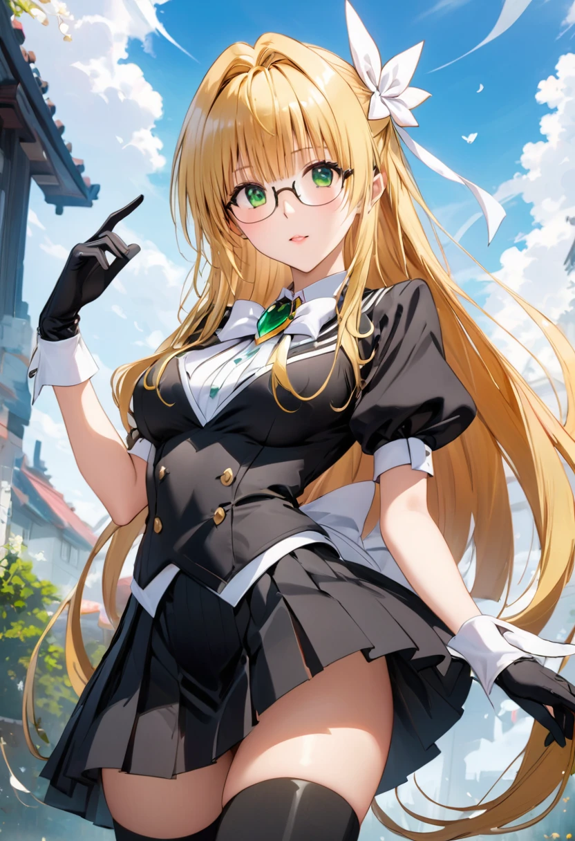 Highest quality、unity 8k wallpaper、32K、masterpiece、Very detailed、Ultra-high resolution、Very detailedな顔、RAW Photos、Professional、Ultra-fine painting、whimsical tearju, blonde hair, green eyes, long hair, hair intakes, bangs, glasses, A black and white enamel magical girl costume、Black and white puff sleeves、White ribbon with a large emerald brooch、Black pleated skirt with white lines、(((Black and white long gloves)))、(((White and black thigh-high stiletto heel long boots)))、