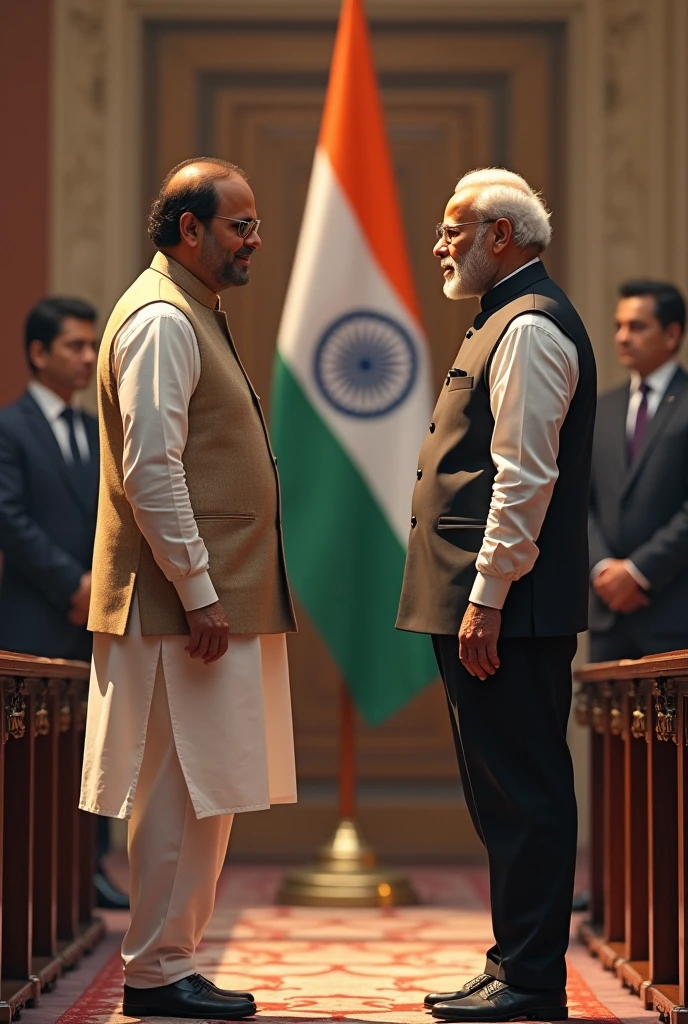 I want to be with Narendra Modi with Han Duck-soo
There should be a ager boy in the middle
sidhant should be written on his t-shirt font size text big and colour purple And you want Korea flag, Indian flag, adjust the background as per your choice, it should be a little purple and orange.