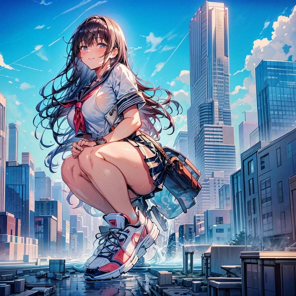 Composition seen from below Blue sky, thunderclouds, sunlight, masterpiece Anime style delicate painting 4K 90's Huge Multiple crowds Crowd in a big city Many people ((Giant high school girl standing in the valley of skyscrapers)) Big city, Tokyo Akihabara Electric Town, Big Breasts, High School Girl, Red School Uniform, Sailor Uniform, Skirt, Transparent Costume, Lots of Sweat, Splashes of Water, Sneakers, Watch, Black Hair, Smile, Female Titan Giant Girl Full Body Crowd Unreal Engine, Cleavage, picture, earrings, long hair, cute picture, beauty, analog style, whole body, sneakers,GTS, Giantess Female Giant, huge high school girl in the valley between buildings, skyscraper area, big city, school uniform