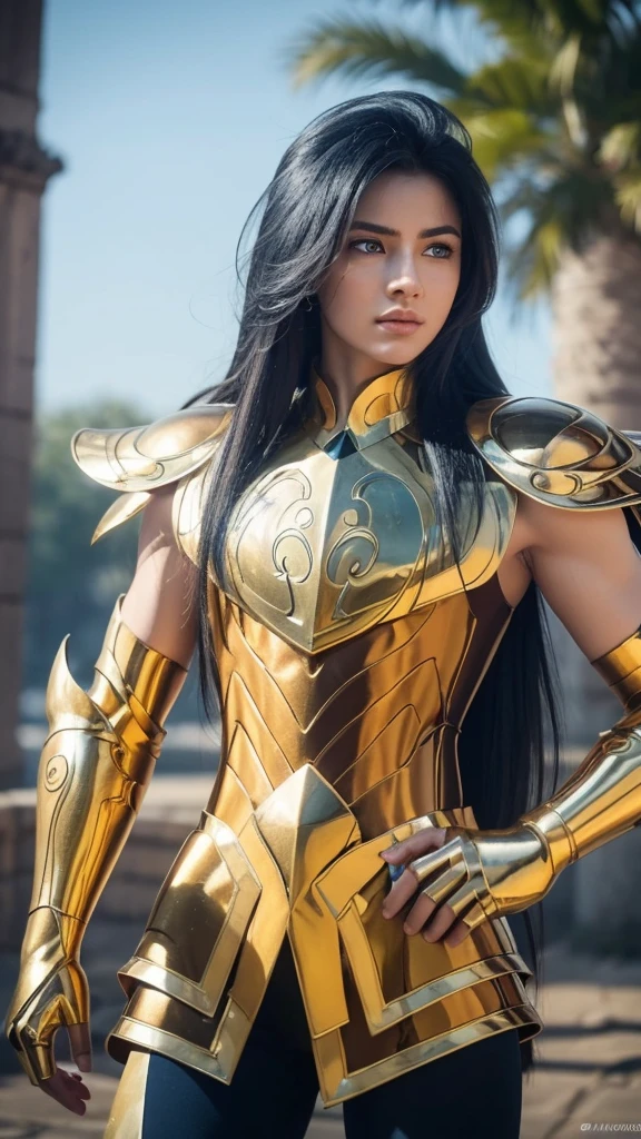 (((1woman)))  a hyper realistic ultra detailed photograph of a handsome  photorealistic Camus at agreek ruins background, tattered Aquarius gold half shiny metal armor, long blue hair, blue eyes, dynamic pose, detailed symmetric beautiful hazel eyes, detailed gorgeous face, 30-megapixel, 4k, Canon EOS 5D Mark IV DSLR, 85mm lens, sharp focus, intricately detailed, long exposure time, f/8, ISO 100, shutter speed 1/125, diffuse back lighting, award winning photograph, facing camera, looking into camera, monovisions, perfect contrast, High sharpness, facial symmetry, depth of field, ultra-detailed photography, picture from head to leg, raytraced, global illumination, TanvirTamim, smooth, ultra high definition, 8k, unreal engine 5, ultra sharp focus, award-winning photograph, trending on artstation, realistick 8k