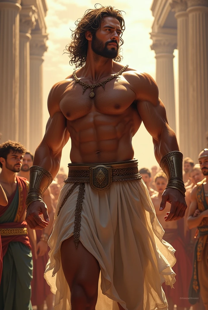 An ancient greek man, Chico, greek god, muscular, Graced, man de 25 años con poderosa presencia, greek headdress, ((wearing detailed greek tunics)), standing inside the greek temple, Intricate, elegant, Very detailed, masterpiece, extremely detailed, detailed background, Whole body, Best Quality, ancient greek architecture, Ancient Greece, eyes, man, (((newly dressed))), bare chest, (((body hair+++))), one arm up, low waist thong, big bulging crotch, clothes made of gold, male face, illuminated by golden sunlight, seductive look, sexy, curtains hanging from the ceiling, NSFW
