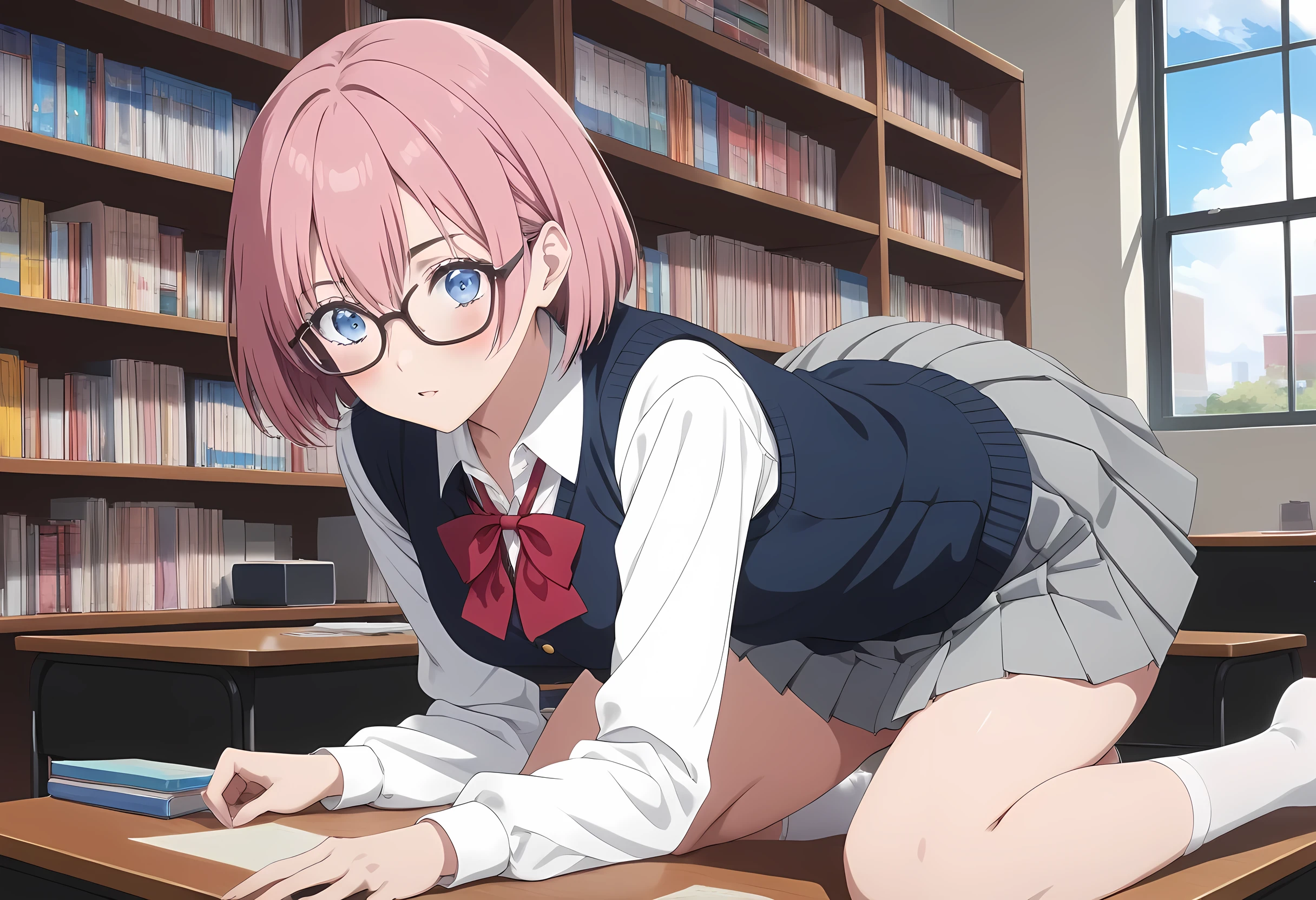 score_9, score_8_superior, score_7_superior, masterpiece, best quality, absurdres, high_fidelity, vibrant, sauce_anime, (rating_explicit:1.5),  ririsaamano, short hair, glasses, blue eyes, pink hair, bangs, skirt, bow, school uniform, jacket, pleated skirt, gray skirt, vest, collared shirt, white panties, nipples, underboob, Viewer Perspective, realistic pussy, creampie, Straight, Viewer Perspective, Sex, Lie on the desk with your right hand facing down, knees up, Adorable, pretty embarrassing, cowboy shot class room, Bookshelf