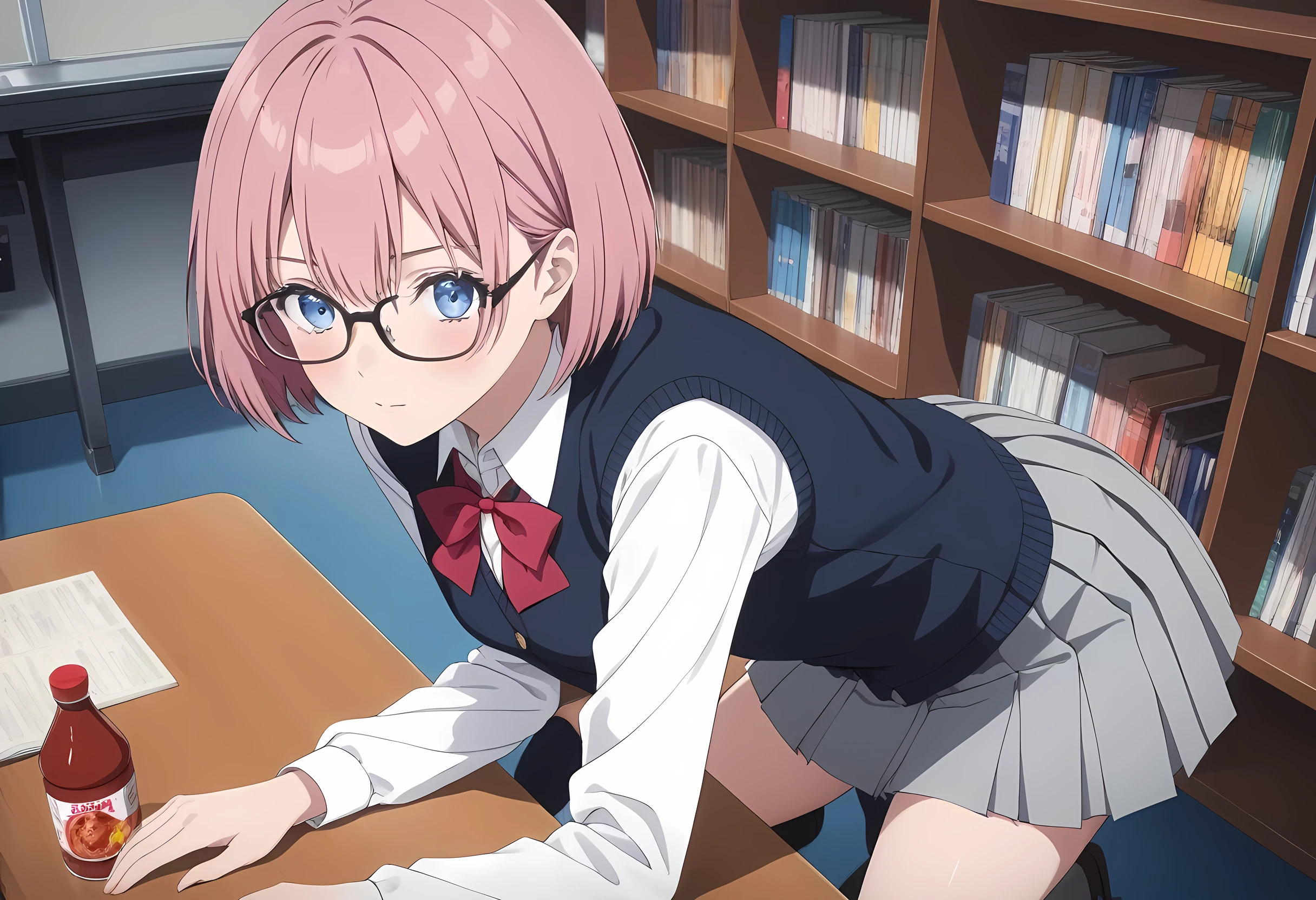 score_9, score_8_superior, score_7_superior, masterpiece, best quality, absurdres, high_fidelity, vibrant, sauce_anime, (rating_explicit:1.5),  ririsaamano, short hair, glasses, blue eyes, pink hair, bangs, skirt, bow, school uniform, jacket, pleated skirt, gray skirt, vest, collared shirt, white panties, nipples, underboob, Viewer Perspective, realistic pussy, creampie, Straight, Viewer Perspective, Sex, Lie on the desk with your right hand facing down, knees up, Adorable, pretty embarrassing, cowboy shot class room, Bookshelf