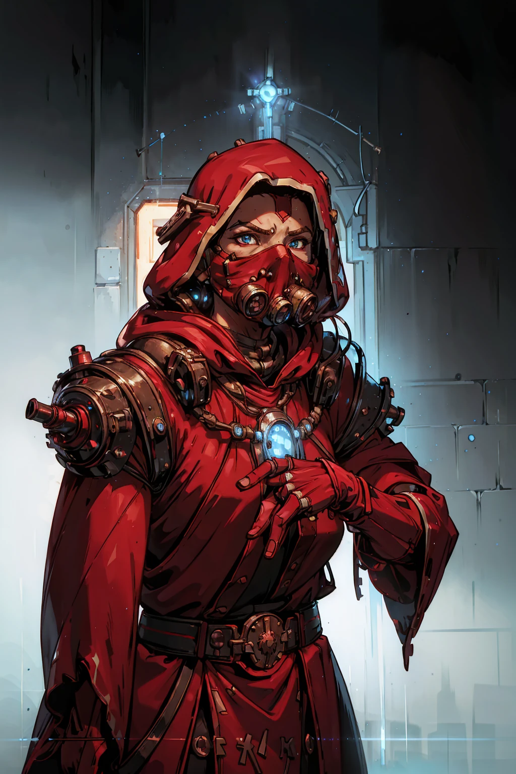 Ancient tech-priest, long red mantle and hood, face-mask, glowing blue LED lights, (((upper body portrait)), frontal image, plain white background, standing)
