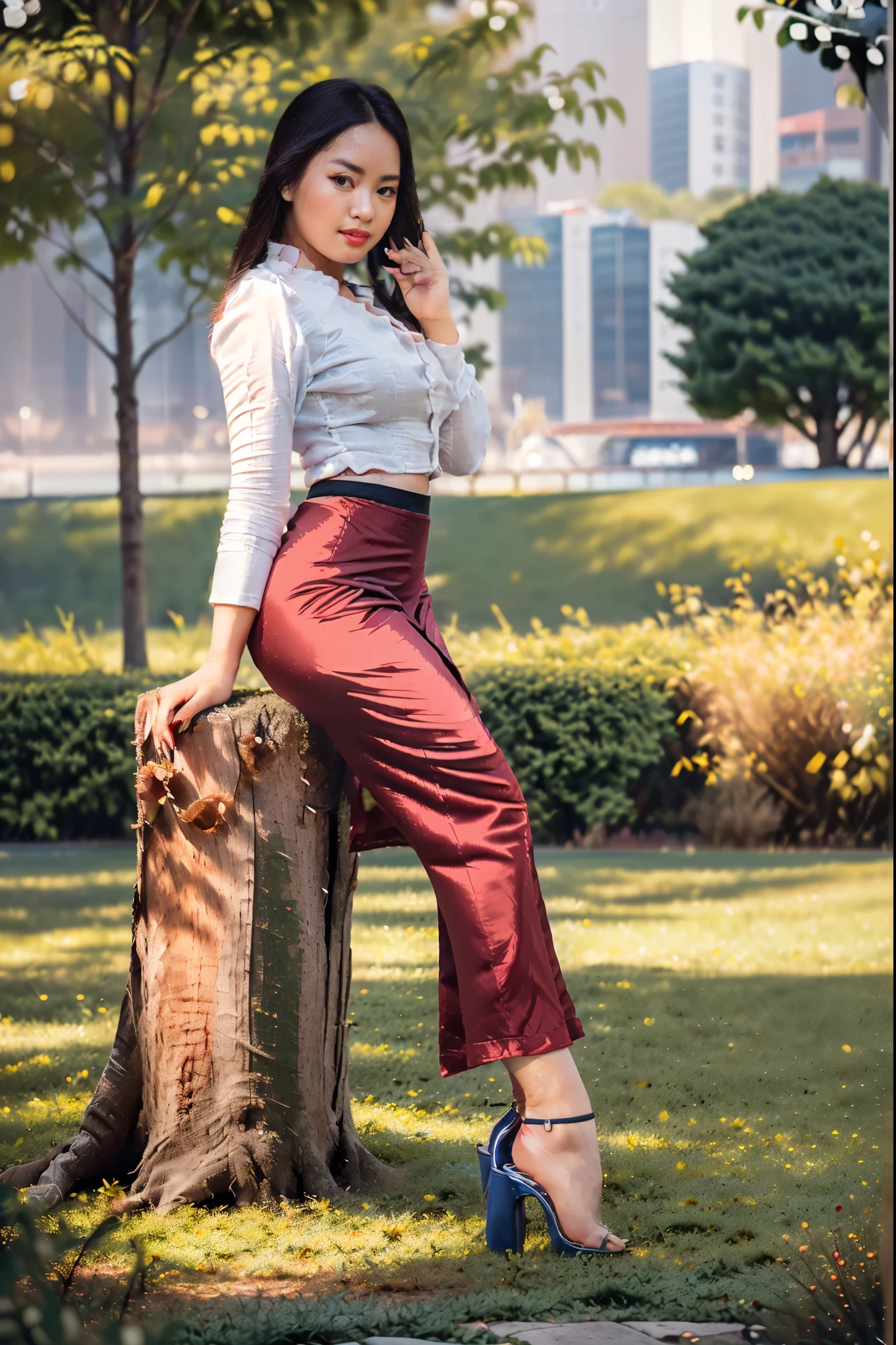 arafed asian woman in a satin dress, (((full body view:2))), ((pretty lady MoonLay)), ((((pretty lady MoonLay's innocent cute face with seductive look:1.3)))), ((stylish seductive one hand up and one leg up and lean to the big long tree pose for photography:1.5)), ((wearing Myanmar traditional elegant and stylish affair:1.2)), (((super fullest wide hip:1.5))), (((super curvaceous body:1.5))), ((white shirt:1.6)), ((red satin long skirt:1.6)), ((blue sandal high heel:1.3)), south east asian with square face, traditional beauty, beautiful asian girl, a young beautiful asian woman, (((photorealistic background))), ((in a beautiful park with vibrant colorful trees background:1.5)), ((cinematic bokeh background blur:1.7)), (((photorealistic cloudy evening sky with golden sunlight15))), (cinematic enhance HDR portrait glow lighting))), perfect anatomy, cannon mark v, DSLR quality, (perfect anatomy), (perfect toes), (perfect hands), (realistic smartphone), (random realistic stylish seductive pose), (perfect long skirt), (correct human anatomy), (correct leg shape), (realistic leg shape),