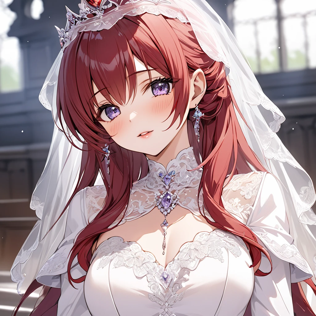 ((Highest quality)), ((masterpiece)), (detailed), （Perfect Face）、The woman is the princess of Moonbrooke and wears a white robe and a red hooded cloak.、She is a demon priestess、The woman is wearing a gorgeous wedding dress and a wedding veil.