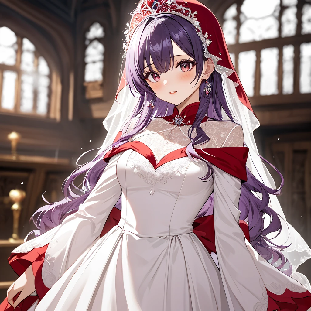 ((Highest quality)), ((masterpiece)), (detailed), （Perfect Face）、The woman is the princess of Moonbrooke and wears a white robe and a red hooded cloak.、She is a demon priestess、The woman is wearing a gorgeous wedding dress and a wedding veil.