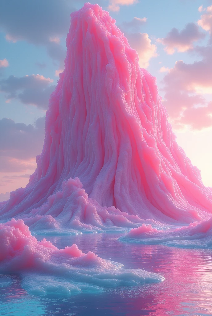 An enormous mountain made entirely of bubblegum rises from a candy-colored sea. The backlight from the sun creates a warm, glowing aura around the mountain, highlighting its pastel hues and giving the scene a whimsical, otherworldly feel.Alta resolución, Obra maestra, Preciso, La mejor calidad, Premiado muchas veces, Detalle, Detalles altos, Calidad, Muy detallado, Contraluz, 