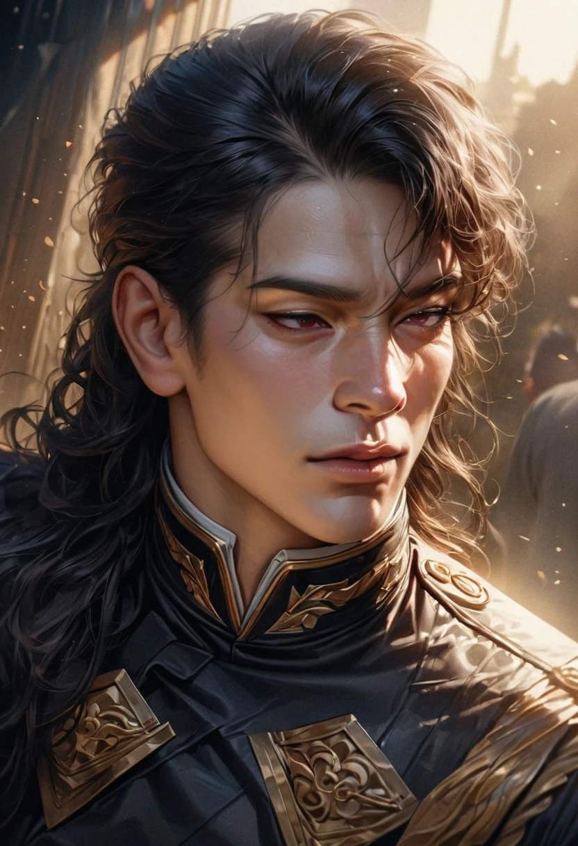 (absurdres, highres, ultra detailed, HDR) master piece, best quality, man, adult male, 1 person,, 밤 도시의 애니메이션 man, attractive man with сиреневые глаза while Squinting your eyes,, black hair, 1 person, Black military uniform, beautiful and delicate eyes, Squinting your eyes,, shoulder length curly hair, (best quality,4K,8 thousand,high resolution,masterpiece:1.2), very detailed, (realistic, photorealistic,photo-realistic:1.37),bright colors,dramatic lighting,Complex parts,elegant,exquisite,cinematic, Muscular build, 키가 큰 man