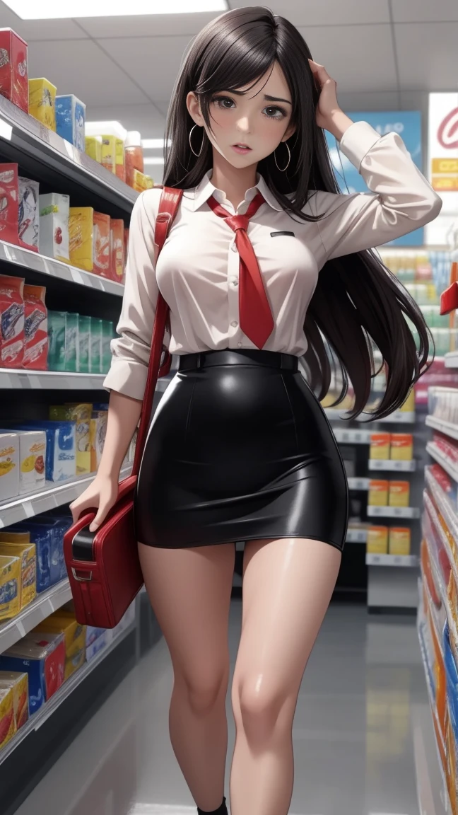 (High definition images), tifa Final Fantasy 7 Remake character, ((Red cheeks, An embarrassed expression)), The legs are very long, The legs are small and slender, ((White short-sleeved collared shirt)), (black pencil skirt), sandals, (not wearing underwear), (no underwear), (no panties, Visible genitals), Lubricant flows from the pussy, There was sweat coming out of the pussy, (There is a lot of pubic hair), (full body image), (crowd), In a convenience store.