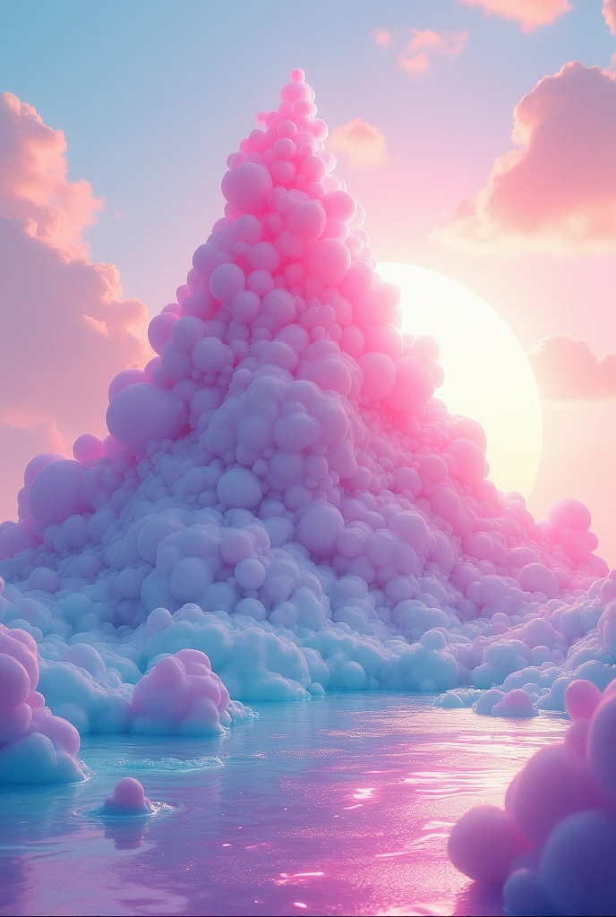 An enormous mountain made entirely of bubblegum rises from a candy-colored sea. The backlight from the sun creates a warm, glowing aura around the mountain, highlighting its pastel hues and giving the scene a whimsical, otherworldly feel.Alta resolución, Obra maestra, Preciso, La mejor calidad, Premiado muchas veces, Detalle, Detalles altos, Calidad, Muy detallado, Contraluz, 