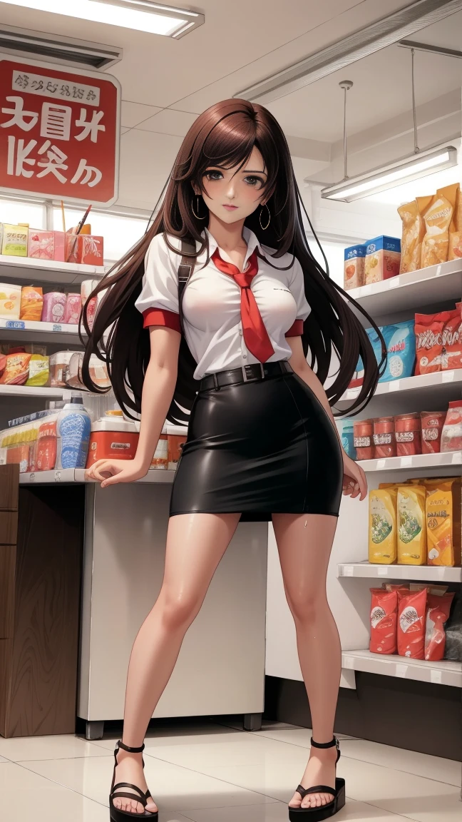 (High definition images), tifa Final Fantasy 7 Remake character, ((Red cheeks, An embarrassed expression)), The legs are very long, The legs are small and slender, ((White short-sleeved collared shirt)), (black pencil skirt), sandals, (not wearing underwear), (no underwear), (no panties, Visible genitals), Lubricant flows from the pussy, There was sweat coming out of the pussy, (There is a lot of pubic hair), (full body image), (crowd), In a convenience store.