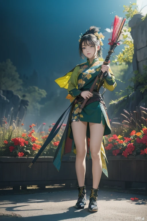 Full body photo of a person，Depicting a fantasy female warrior holding a staff。 Hall々Standing in a posture with，The expression is threatening。Green combat uniform。soft, The warm lighting accentuates her pensive gaze.。How to create：Digital Stroke、Reflect emotions、Wild Scene、In-depth character studies、Ambient Color、Chaotic atmosphere、Gribatree Tips、HD quality、Natural look。Focus on showcasing the power and strength of female warriors, (Floral watercolor:1.5)，(Ultra high color, Bright and vibrant colors:1.5), (Browsing Caution), (Looking at the audience from the front:1.5)