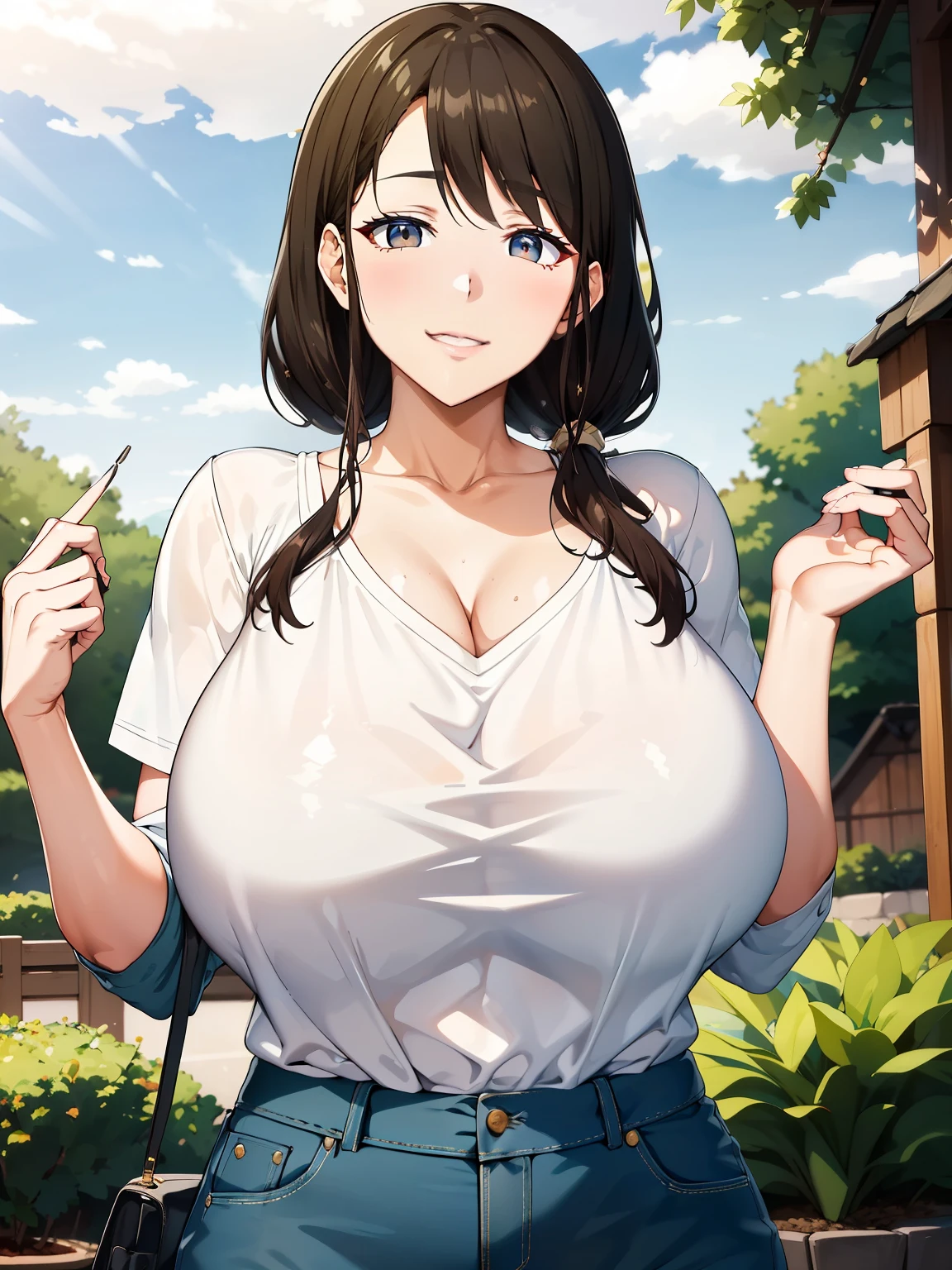 (超High resolution,4K,Very detailed, photograph, 8k, High resolution, High resolution, Absurd:1.2),40-year-old Japanese woman,expensive,Long black hair,Beautiful character design,Beautifully detailed eye depiction,Perfect Face,Expressive eyes,Brown eyes,A smile while doing something lewd,T-Shirts,Blue denim pants,(Huge breasts:1.2),Tight waist,In the garden,Daytime